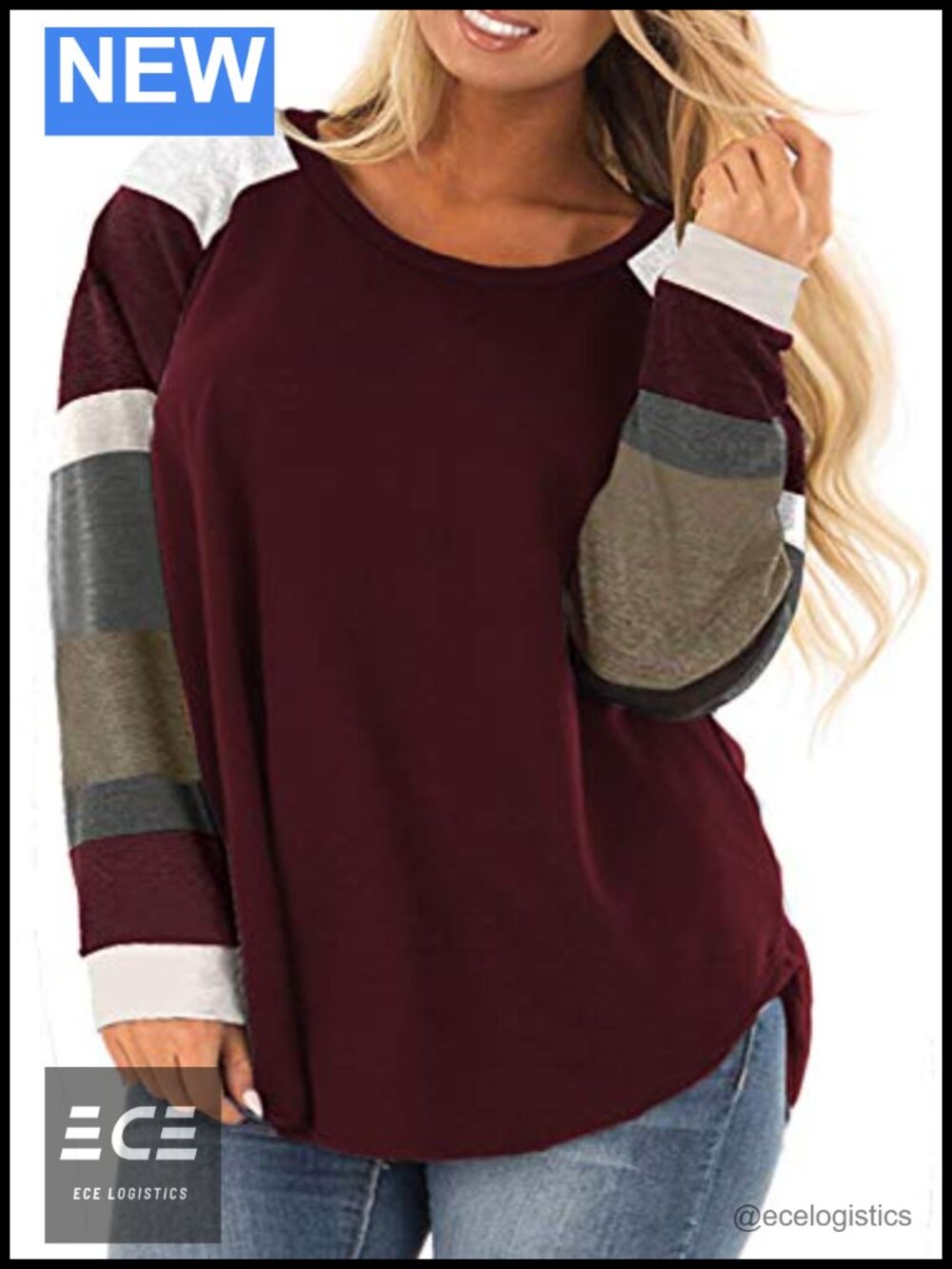 Plus Size Long Sleeve Tunic Crewneck Colorblock Striped Tee Shirt